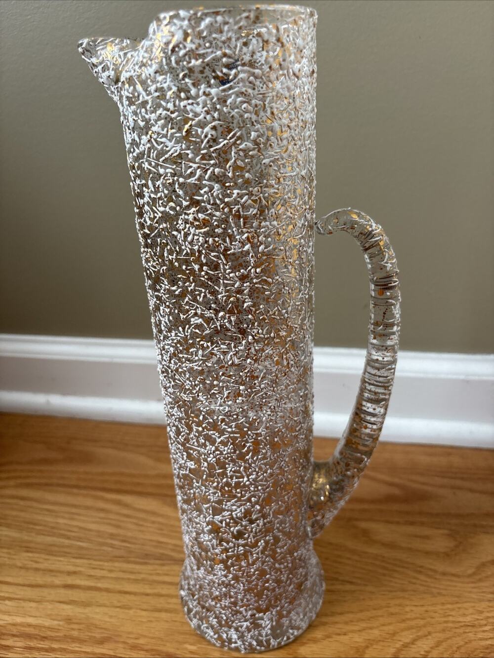 Vintage West Virginia Glass Company Gold Speckle Handle Tall Pitcher